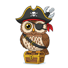 Cartoon Owl Pirate with Treasure Chest