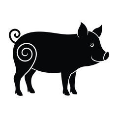 Stylized black pig with curly tail and decorative swirl