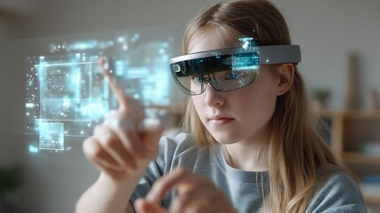 teen girl wearing AR glasses, interacting with floating holographic educational graphics, futuristic modern room, digital learning and future skills photography 