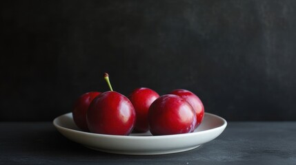 Plums on a white plate against a dark background.