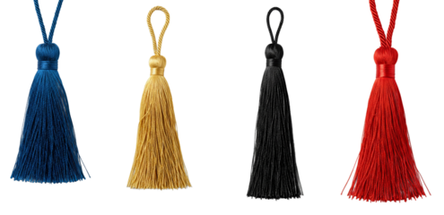 Elegant tassels in diverse colors against a pristine backdrop offer decorative versatility