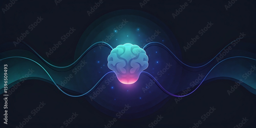 Poster a glowing abstract brain with wavy lines and sparkles on a dark background.