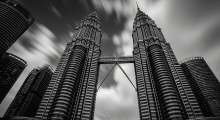 Petronas Towers in Kuala Lumpur in Black and White – Dramatic Sky Long Exposure