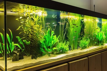 Vibrant aquarium showcases diverse fish species and lush aquatic plants in a tranquil setting
