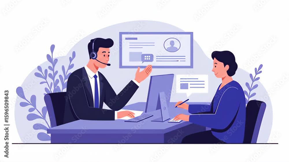 Poster flat vector a customer service agent is assisting a client with online support, showcasing professio