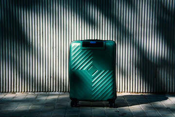 Go on an adventure! Suitcase against cinematic concrete background. Concept photo of traveling and...