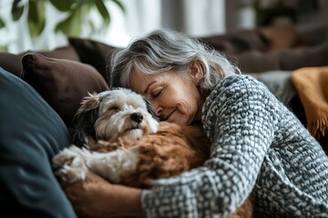 Senior Woman Peacefully Napping on Couch While Cradling Small Dog in Her Arms