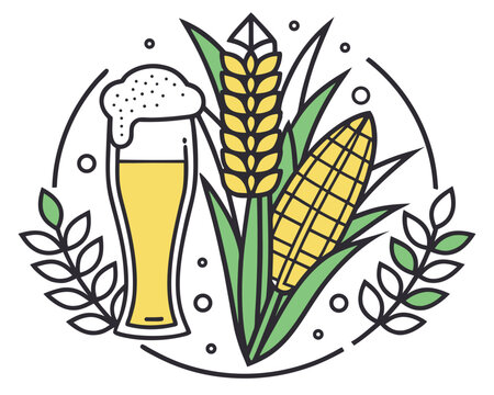 Beer glass with wheat corn and decorative elements for a brewpub or brewery logo.