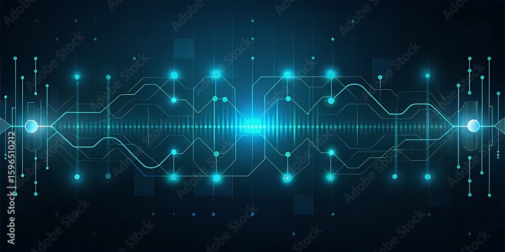 Poster a futuristic digital circuit board with glowing blue lines and data streams.