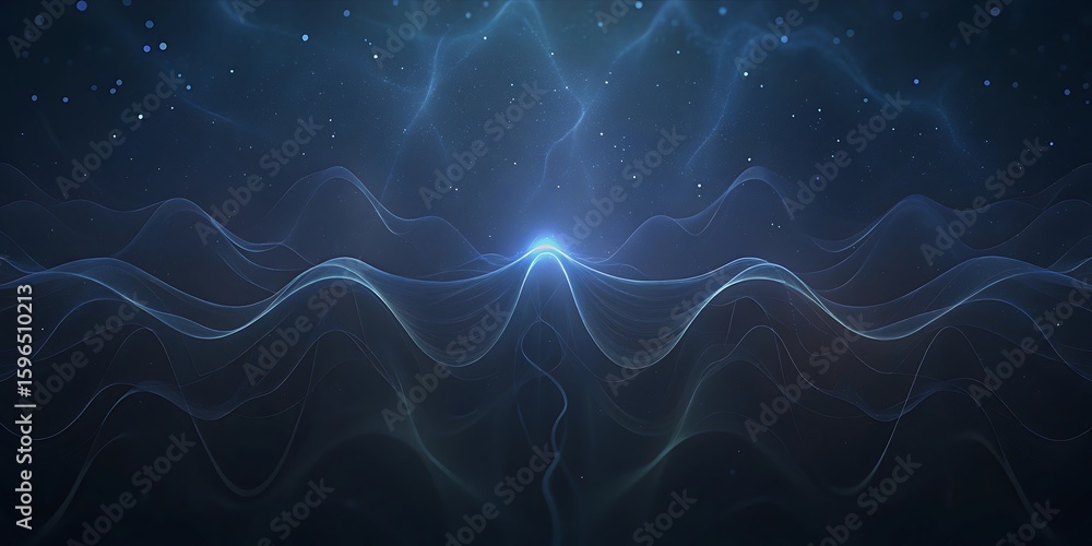Aufkleber an abstract glowing blue waveform with sparkling particles on a dark background.