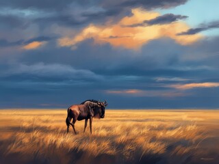 Wildebeest grazing in golden savanna under stormy sky
