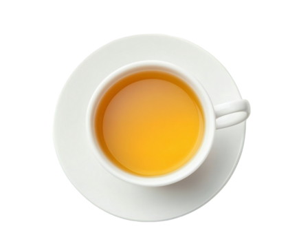 Overhead shot capturing herbal tea inside elegant white cup on matching saucer, presented on transparent background