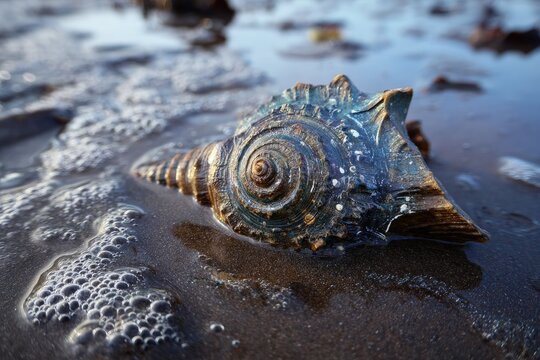Detailed close-up of a sea shell on wet sand, with foamy water