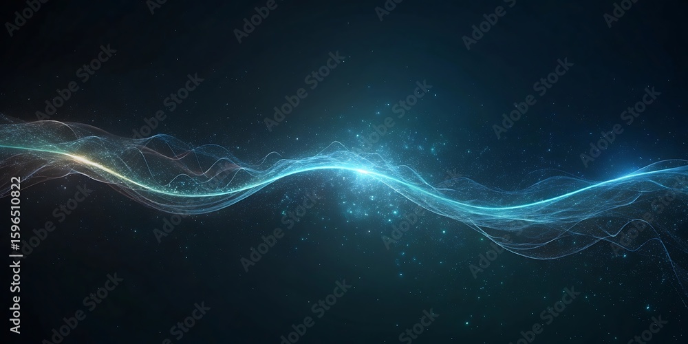 Poster a glowing abstract blue light stream with sparkling particles on a dark background.