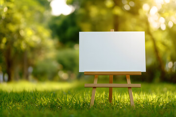 Blank Canvas on Wooden Easel Surrounded by Lush Green Landscape