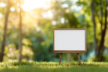 Blank Wooden Frame on Stand in Lush Green Nature Background
