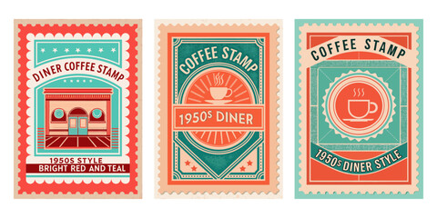 1950s diner-style coffee stamp, bright red and teal palette, worn print effect