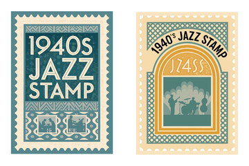 1940s American stamp with jazz band playing in a smoky bar, muted colors, grainy texture