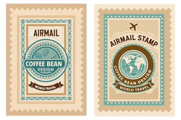 Airmail stamp with a coffee bean design, aged colors, world-travel feel