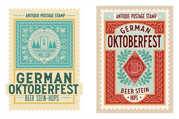 Antique postage stamp with a beer stein and hops, German Oktoberfest style
