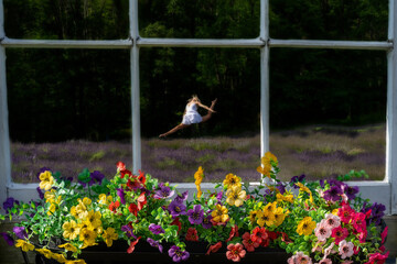 A window view frames a lively scene where a person in mid-leap appears in a field of lavender, contrasting with a vibrant arrangement of multicolored flowers on the windowsill. 
