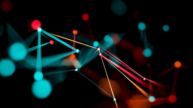 Minimal 3D red and black polygonal network structure on dark background