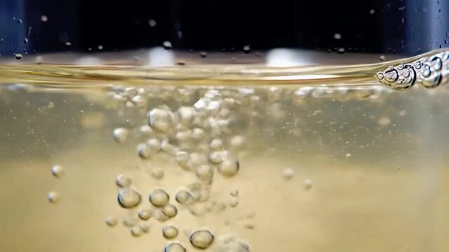 Bubbles rising in glass of sparkling beverage on dark background  