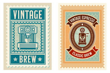 Classic stamp with a vintage espresso machine, engraved style artwork