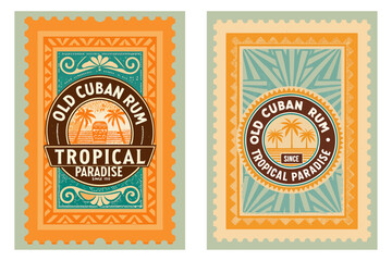 Old Cuban rum stamp with palm trees and barrels, tropical tones, sun-faded design