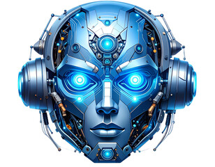 Futuristic AI Robot Face Icon with Circuit Details, Angular Style, Transparent Background