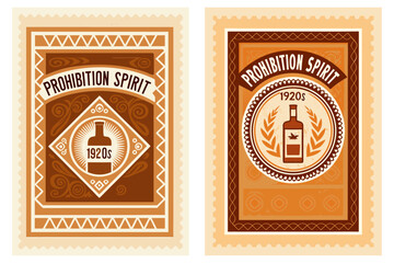 Rustic stamp with a whiskey bottle and glass, 1920s prohibition era, brown tones