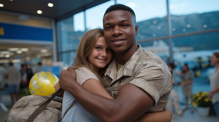 Soldier Reunion at Airport with Child and Duffel Bag
