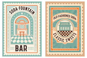 Stamp design with an old-fashioned soda fountain bar, checkerboard floor, retro font