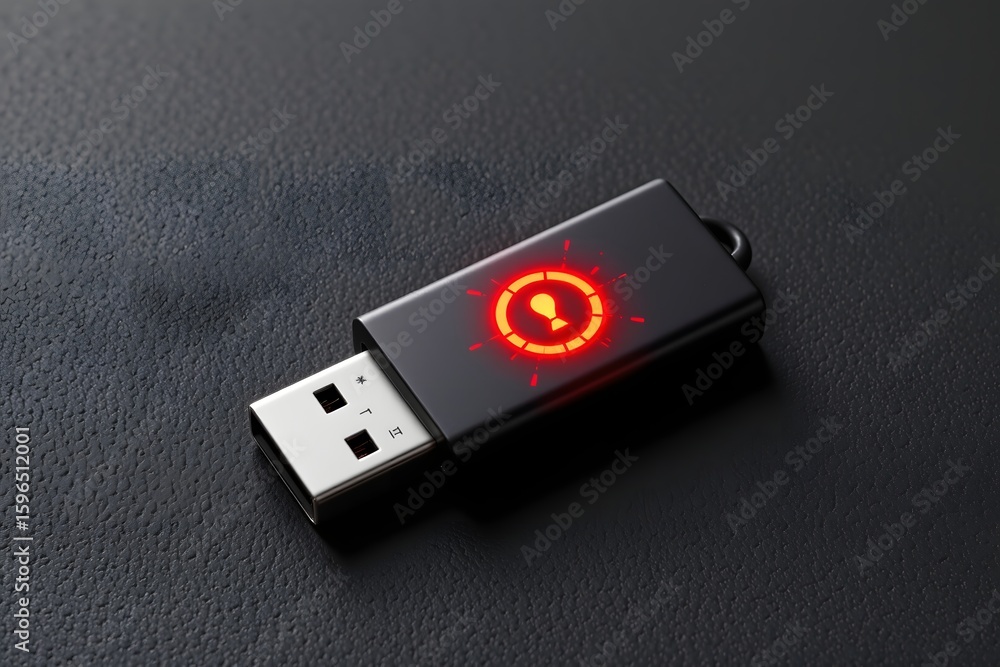 Poster data security device: a modern and secure usb flash drive with an illuminated key icon sits prominen