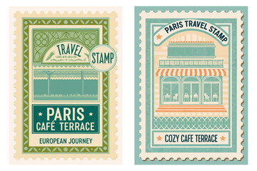 Vintage European travel stamp featuring a cozy cafe terrace in Paris