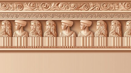 Classical Relief Frieze of Female Portraits on Light Beige Architectural Molding