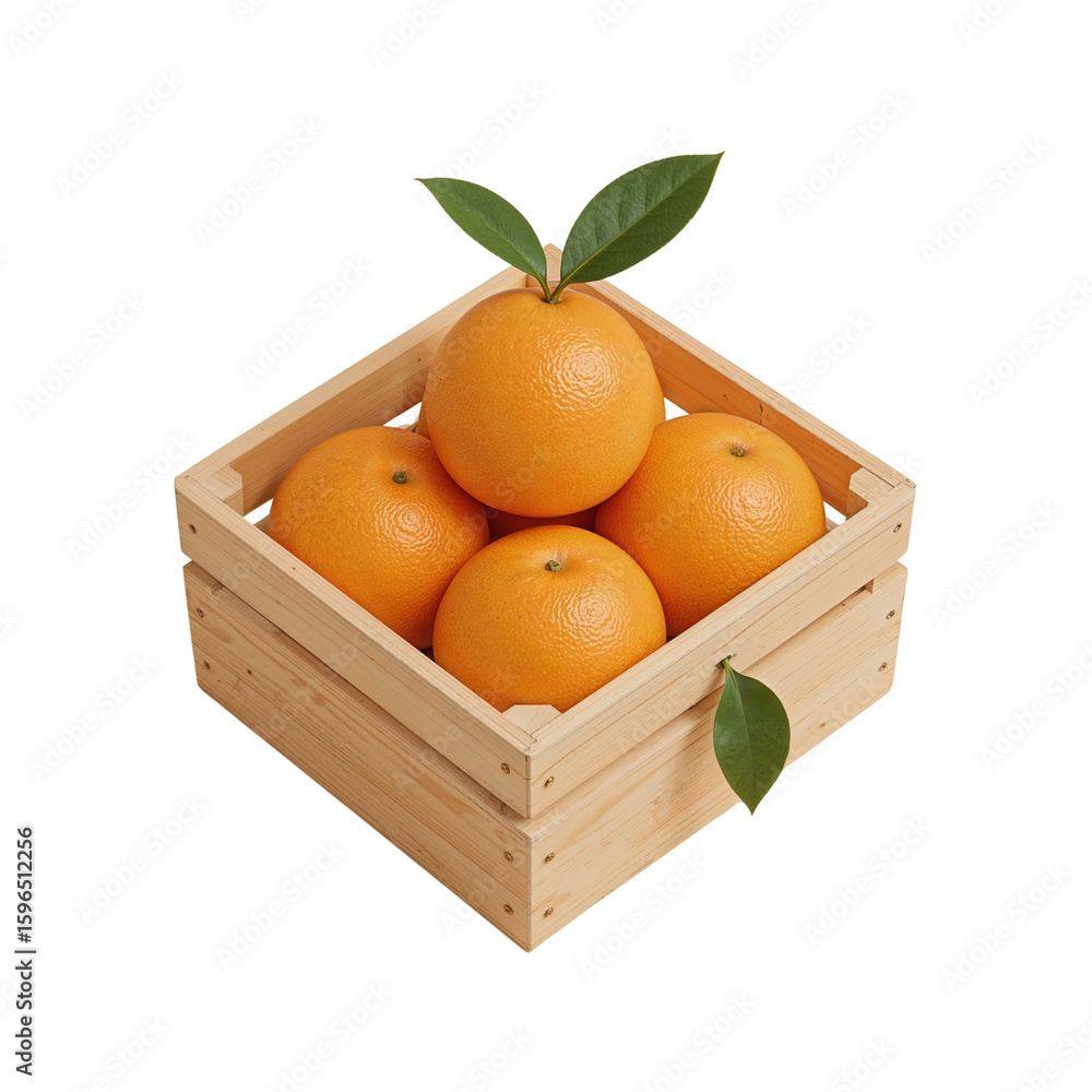 Poster fresh oranges elegantly displayed within a rustic wooden crate presentation against simple canvas