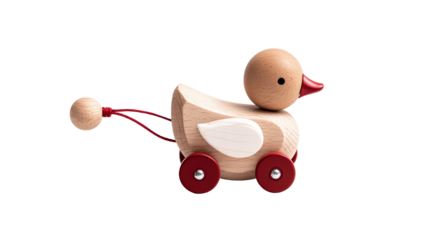 Wooden Duck Toy With Red Wheels And Pull Cord On Transparent Background