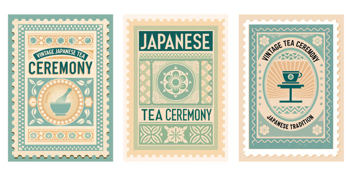 Vintage Japanese tea ceremony stamp, subtle colors, traditional patterns, antique finish
