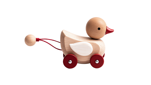 Wooden Duck Toy With Red Wheels And Pull Cord On Transparent Background