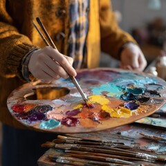 Fototapeta premium Young painter mixing colors on a palette with brushes nearby.