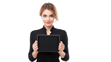 Fototapeta premium Woman Is Holding A Tablet With Black Screen On Transparent Background