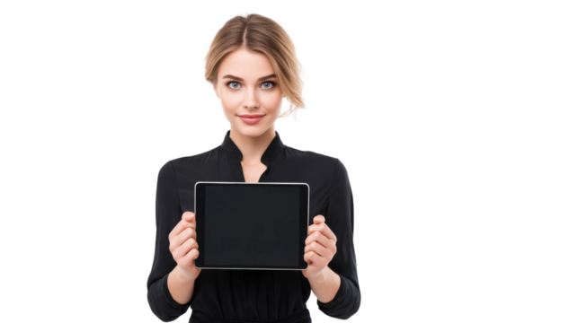 Woman Is Holding A Tablet With Black Screen On Transparent Background