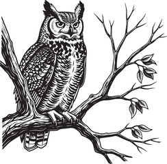Detailed Black and White Owl Illustration on Branch with Leaves.