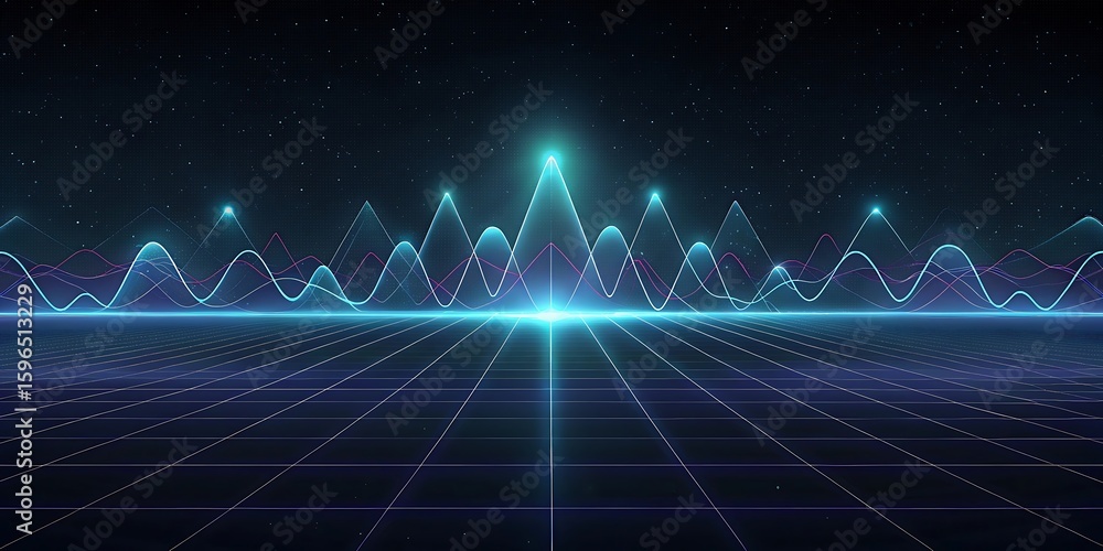 Poster a futuristic digital grid landscape with glowing blue sound wave peaks and particle data streams.
