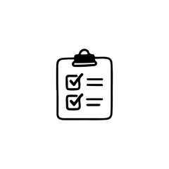 Vector doodle illustration of a checklist on a clipboard. Simple hand drawn black and white icon perfect for productivity apps, daily planning, organization, reminders, bullet journaling, business
