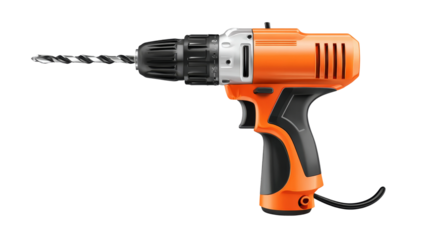Orange power drill with drill bit lies on transparent background.