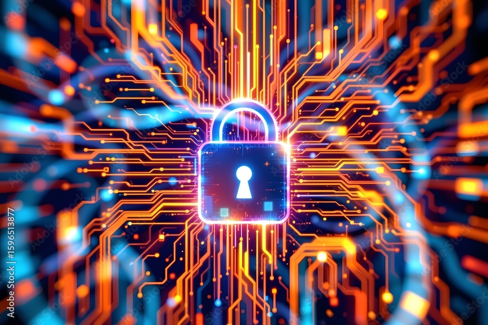 Poster cybersecurity fortress: an illuminated padlock icon sits at the heart of a complex digital circuit b