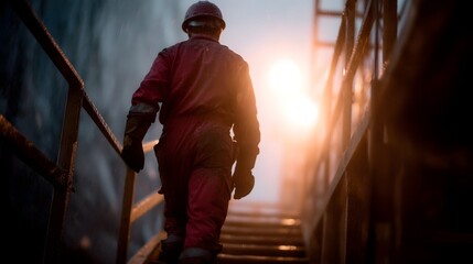 Fototapeta premium Oil worker crossing a scaffold bridge with occupational safety lighting