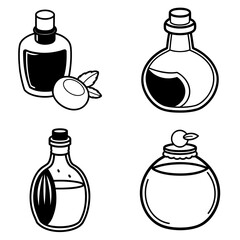 Four bottles with different shapes and contents displayed in a black and white line drawing style
